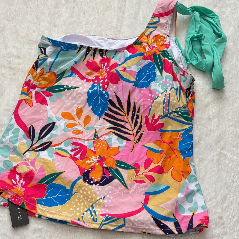 Fun & Colorful One-Shoulder Asymmetrical swimsuit top in Bright Tropical Design - Picture 6 of 7